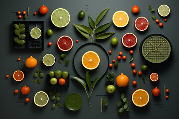 set of citrus fruits including oranges lemons, lime, leaves and other fruits on black minimal background healthy food photography top view wallpaper
