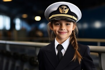 Portrait of a cute little girl in a pilot's cap and uniform