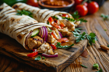 A Scrumptious Shawarma Presentation Served on a Wooden Board in a Cozy Cafe. Grilled Pita Enveloping Chicken Meat, Fresh Vegetables, and Drizzled with Flavorful Sauce Savory Delight