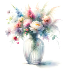 Watercolor flower vase on white background