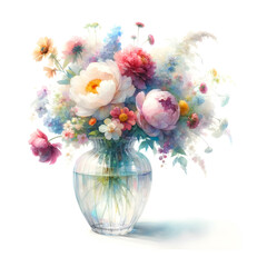 Watercolor flower vase on white background