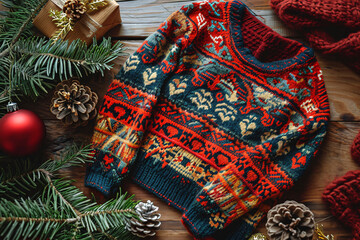 Flat Lay of Colorful Decorations for National Ugly Christmas Sweater Day, Creating a Whimsical and Playful Holiday Atmosphere Festive Frenzy