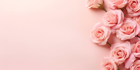 Banner with pink rose flowers on light pink background. Greeting card template for Wedding, mothers or woman day. Springtime composition with copy space. Flat lay style 