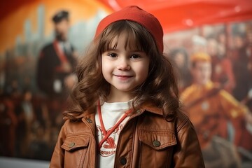 Portrait of a cute little girl in a red hat and brown jacket