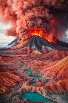 A futuristic, magical volcanic eruption from a colorful bright mountain. a beautiful illustration of a natural phenomenon.
