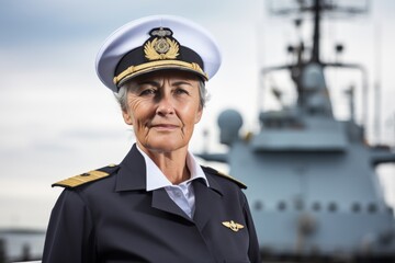 Portrait of senior sailor woman on background of navy ship in sea - obrazy, fototapety, plakaty