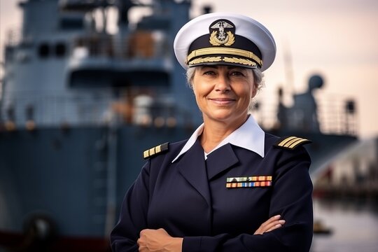 Portrait of a beautiful mature female pilot on a ship background.