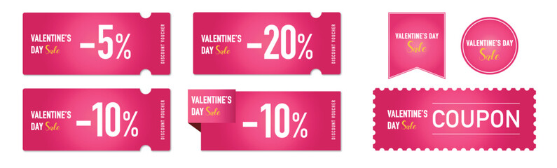 バレンタインセールに使えるホットピンクの割引クーポンのベクターデザインセット2