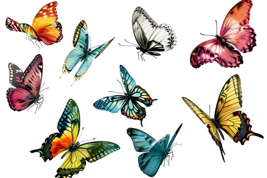 Colorful butterflies, children who want to learn new things, a flock of flying butterflies, illustration set, Generative AI