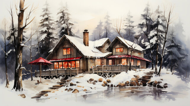 Serene Winter Wonderland : Cozy Cabin in Snowy Forest, Illustrated Painting - AI Generated
