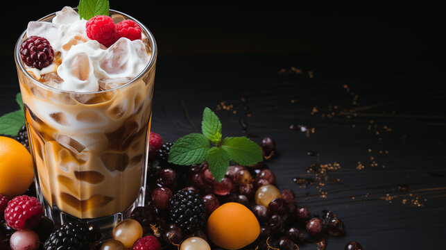 cream with berries, A dark stone background with a dripping cream and iced coffee. Make a copy of the space Summer background of multifruits. wholesome eating, above view
