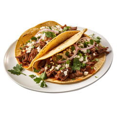 Mexican delicious tacos with beef, tomatoes, avocado, chili, lemon and onions, home made salsa, street food on a plate isolated on transparent background, clipping path, png,