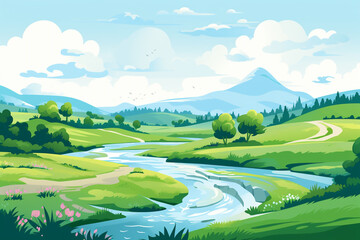 landscape vector illustration colorful river landscape with mountains and trees night landscape mountain moon Camping mountains at night footage bonfire tend beautiful background JPG Generative Ai