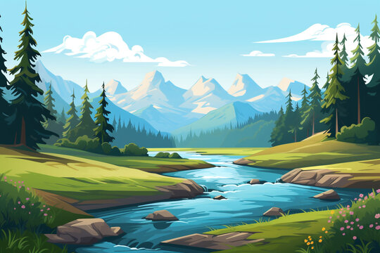 landscape vector illustration colorful river landscape with mountains and trees night landscape mountain moon Camping mountains at night footage bonfire tend beautiful background JPG Generative Ai