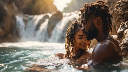 afro american couple relaxing in a nature pool deeply in love