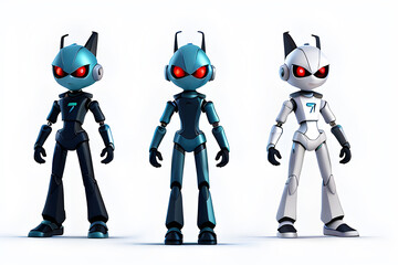 3 robots in robot suits, cartoon animation, futuristic world concept, isolated white background