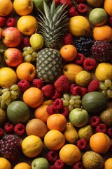 There are a lot of exotic fruits on the table. Beautiful multicolored texture of Pineapples, apples, grapes, oranges, lemons, strawberries.