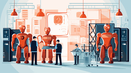 safety-conscious culture within a technologically advanced factory with a vector art piece featuring men and robots adhering to strict safety protocols. 