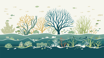 coastal charm of a mangrove ecosystem in a vector art piece showcasing the unique flora and fauna of coastal wetlands. Illustrate the intricate root systems of mangrove trees