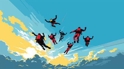 adrenaline rush of accelerated freefall (AFF) training in a vector art piece featuring skydiving students undergoing AFF training with instructors. - obrazy, fototapety, plakaty