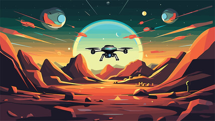 future of exploration with a vector scene featuring robotic drones on planetary missions. drones surveying alien landscapes, collecting data
