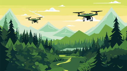 environmental monitoring capabilities of drones in a vector scene featuring drones equipped with sensors for mapping and surveying natural landscapes. 