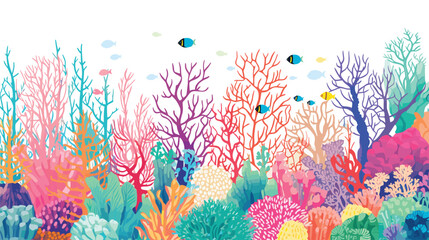 biodiversity of a coral reef in a vector art piece showcasing the vibrant colors and intricate shapes of coral formations, along with a diversity of marine life. 