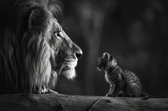lion looking at a little kitten - black and white photograph