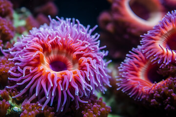 Anemone in the sea in neon light. Anemone actinia texture underwater reef sea coral