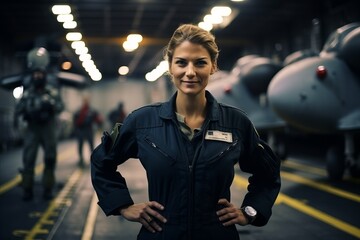 Portrait of a confident female pilot standing with arms crossed in a hangar