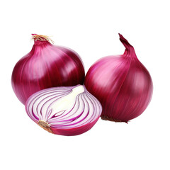 Fresh bulbs and half of red onion on transparent background, red onion vegetable, clipping path, png file,