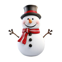 smiling snowman with hat and scarf on icy outdoor on transparent background, clipping path, png, 