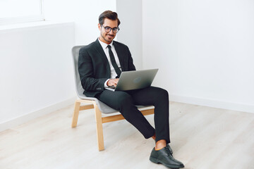Man chair laptop winner businessman business job portrait office technology happy