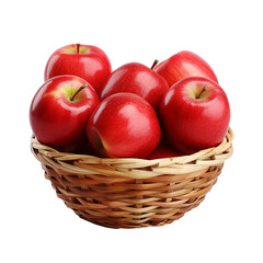 fresh red apple fruit on a bamboo basket, transparent background, isolated image, generative AI