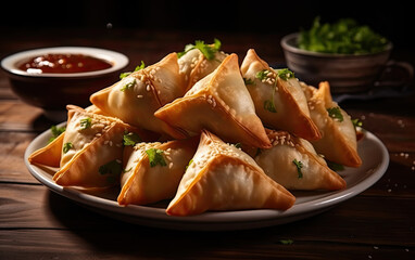  samosas on a plate, a crispy and spicy Indian triangle shape snack