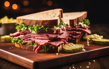 Obraz na płótnie Canvas Pastrami sandwich on board