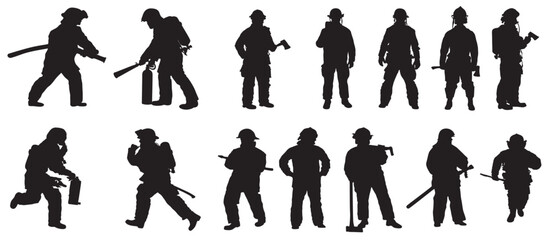 Collection of firefighter silhouettes in different positions - obrazy, fototapety, plakaty