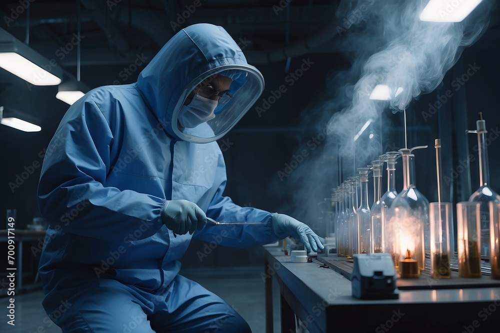 Poster close-up of a scientist wearing a protective suit and helmet conducting an analysis in a modern chem