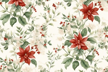Seamless floral pattern with poinsettia and holly berries - obrazy, fototapety, plakaty
