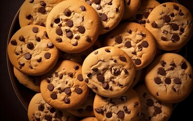 close up of a stack of cookies, chocolate chip cookies, top view