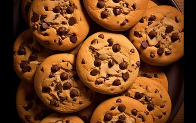 close up of a stack of cookies, chocolate chip cookies, top view