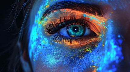 Close-up of colored eyes in black light.