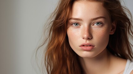 Fototapeta premium Portrait of a young woman with tousled hair and clear brown eyes, gazing directly at the viewer.