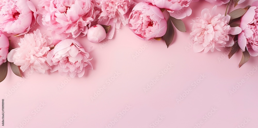 Canvas Prints Banner with Peony flowers on light pink background. Greeting card template for Wedding, mothers or woman day. Springtime composition with copy space. Flat lay style 