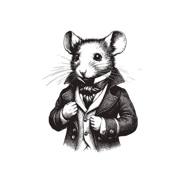 Hand drawn engraving of mouse wearing suit vintage. Vector illustration.