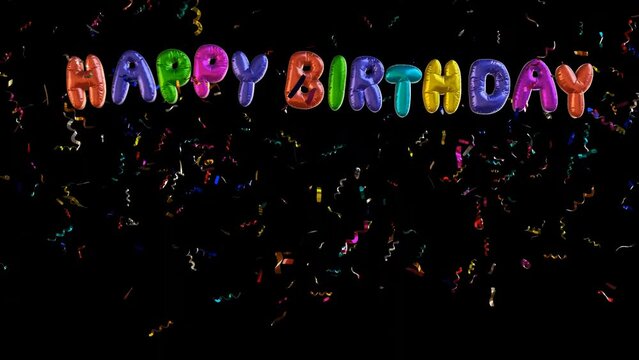 Happy Birthday text and colorful confettis animation. Alpha channel PNG codec (only original 4K version) transparent background. Streamlabs OBS Overlay decoration. Birthday celebration concept	