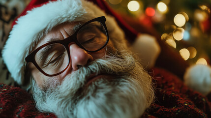 Sleeping Santa with twinkling lights.