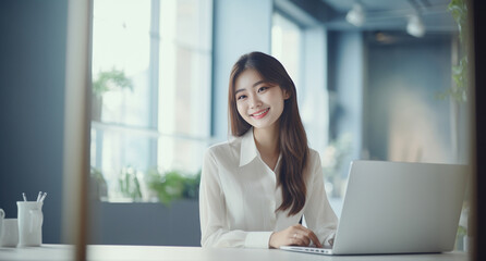 Fototapeta premium diligent young woman works seamlessly in her office, dedicated to her tasks and engaged with her laptop. Generative AI.
