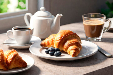Perfect breacfast in the morning. Rustic style. A cup of coffee and tasty croissants on a on brown wooden background.