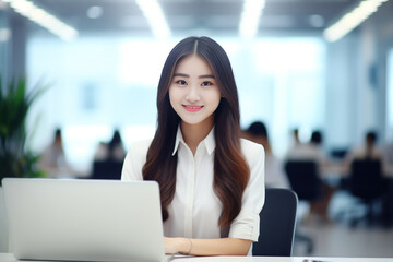 diligent young woman works seamlessly in her office, dedicated to her tasks and engaged with her laptop. Generative AI.